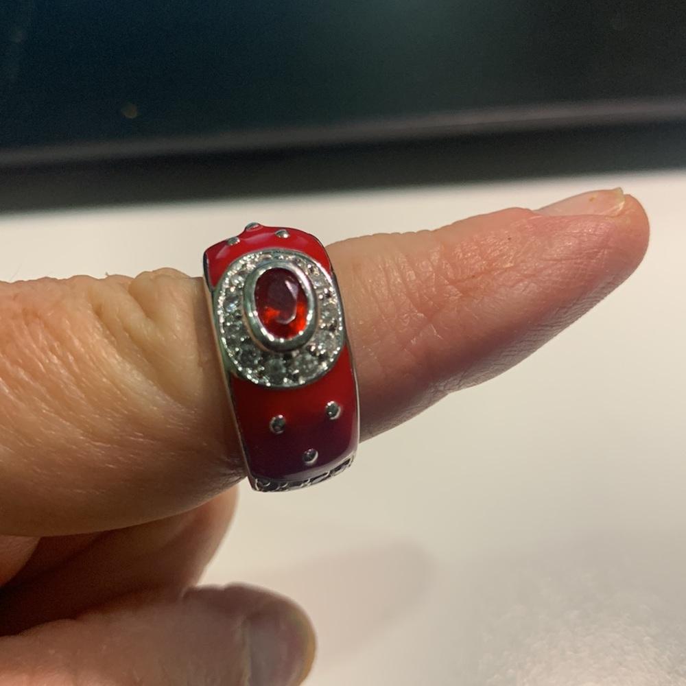 Vintage signed RP sterling silver red enamel ring rhinestones red & clear Sz 6.5 - Picture 11 of 11